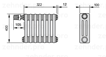 Схема (чертеж) Радиатор Zehnder Charleston 3040/7 №V012 Белый глянцевый RAL 9016